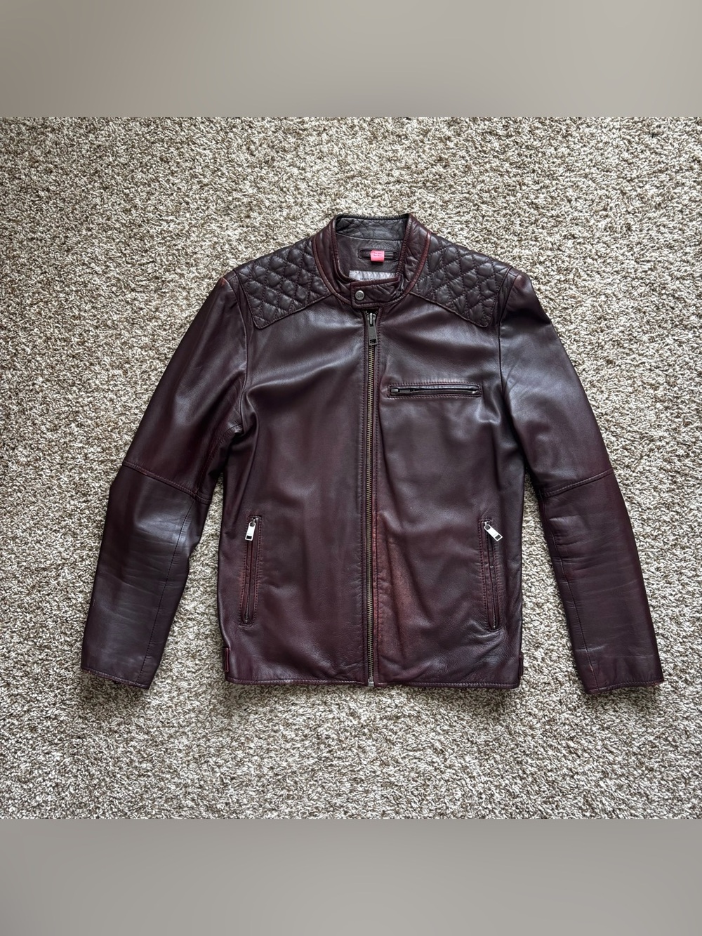 Quilted Shoulder Leather Bomber Jacket - Dark Burgundy